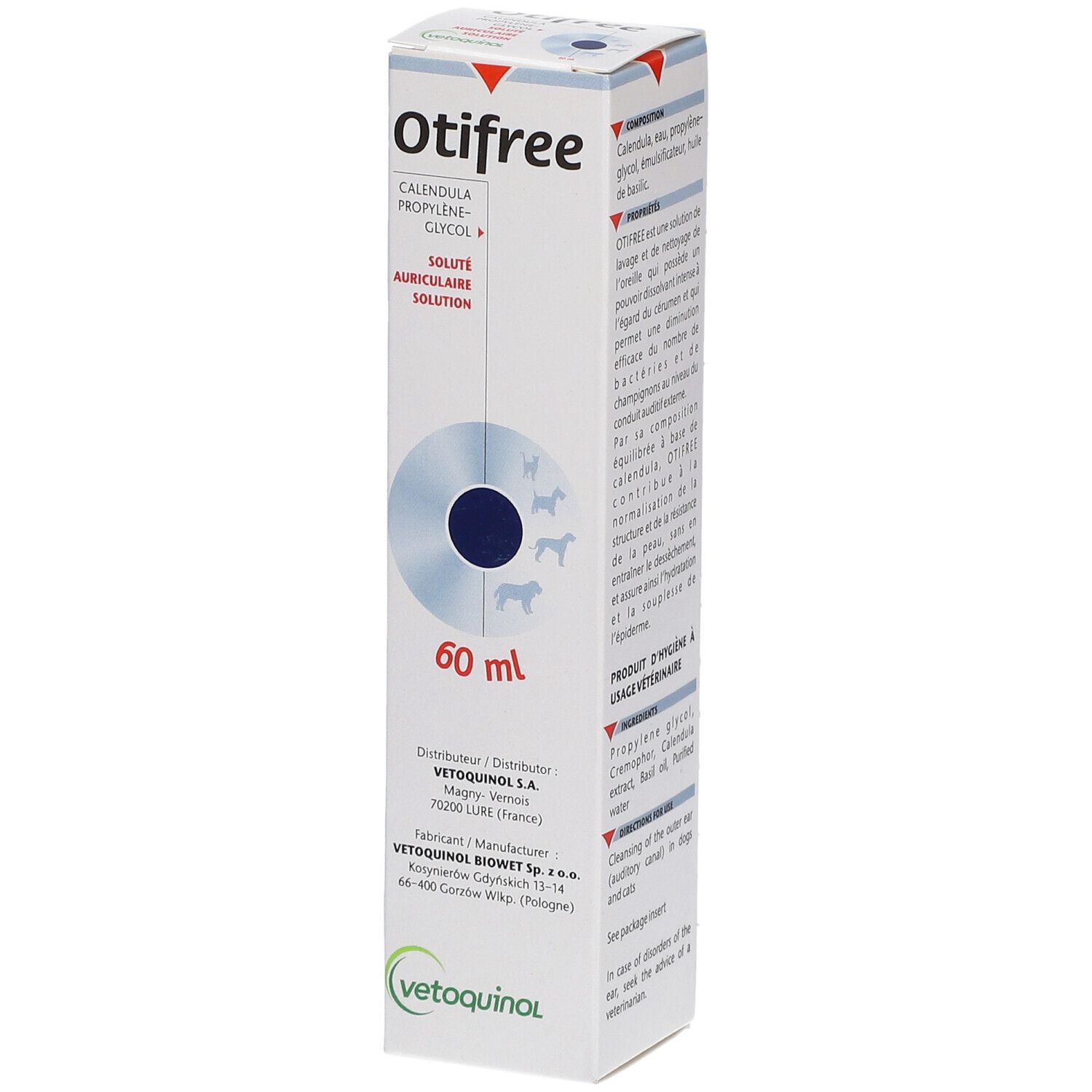 Weiße Otifree-Verpackung. Text: Calendula, Propylene Glycol, Solution Auriculaire. 60 ml. Vetoquinol Logo. Produktinformationen.