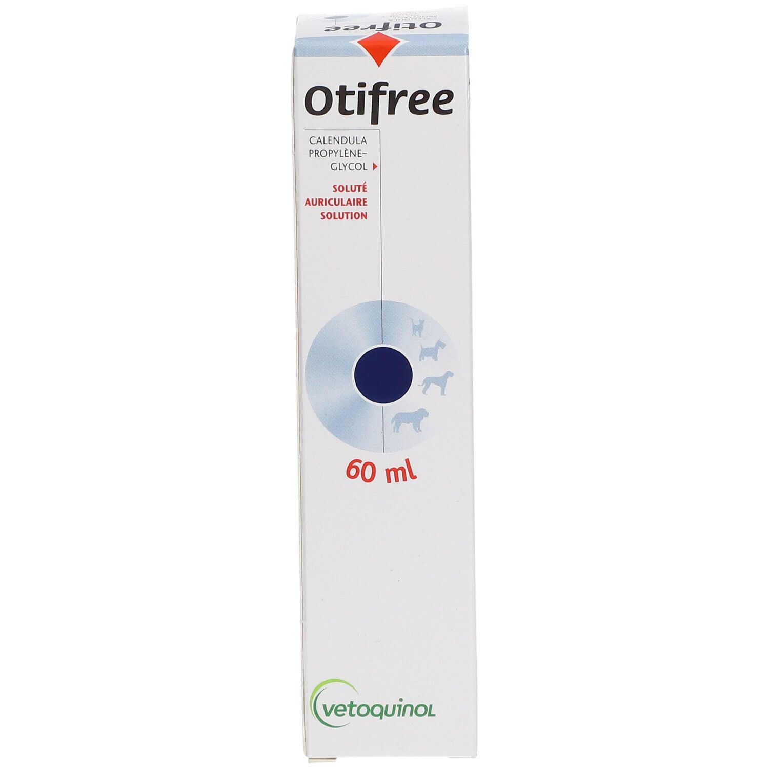 Weiße Otifree-Verpackung. Text: Calendula, Propylene Glycol, Solution Auriculaire. 60 ml. Vetoquinol Logo.