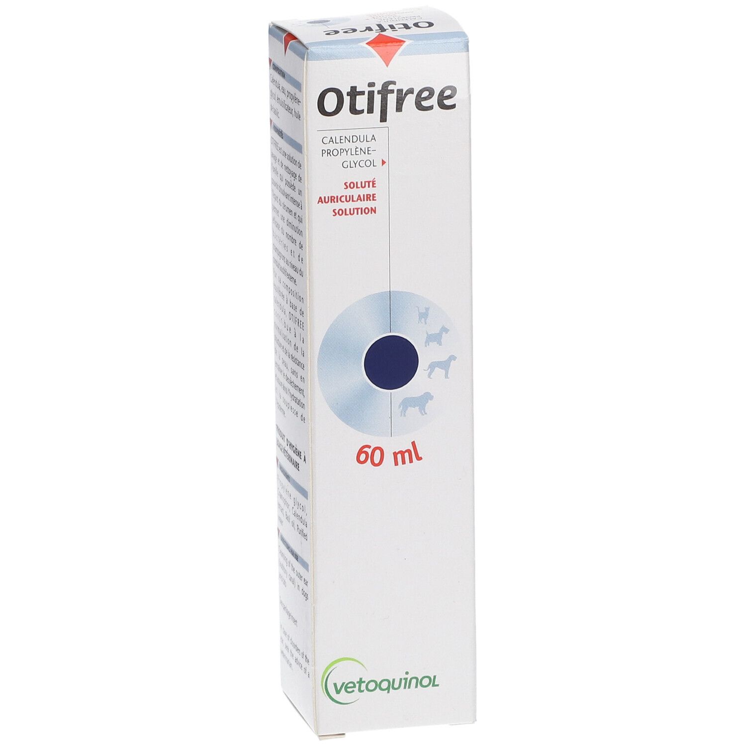Weiße Otifree-Verpackung. Text: Calendula, Propylene Glycol, Solution Auriculaire. 60 ml. Vetoquinol Logo.