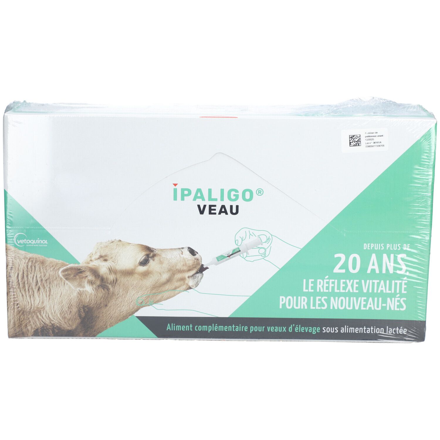 Verpackung mit Produktabbildung und Text: iPALIGO VEAU, 20 Jahre, Le réflexe vitalité pour les nouveau-nés.