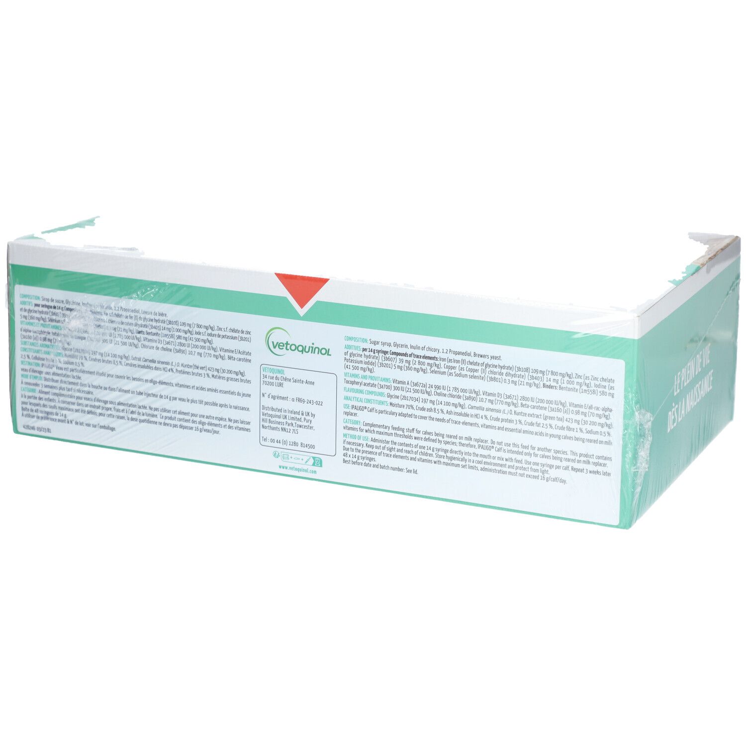 Verpackung mit Text und Informationen. Vetoquinol-Logo. Inhaltsstoffe und Dosierung.