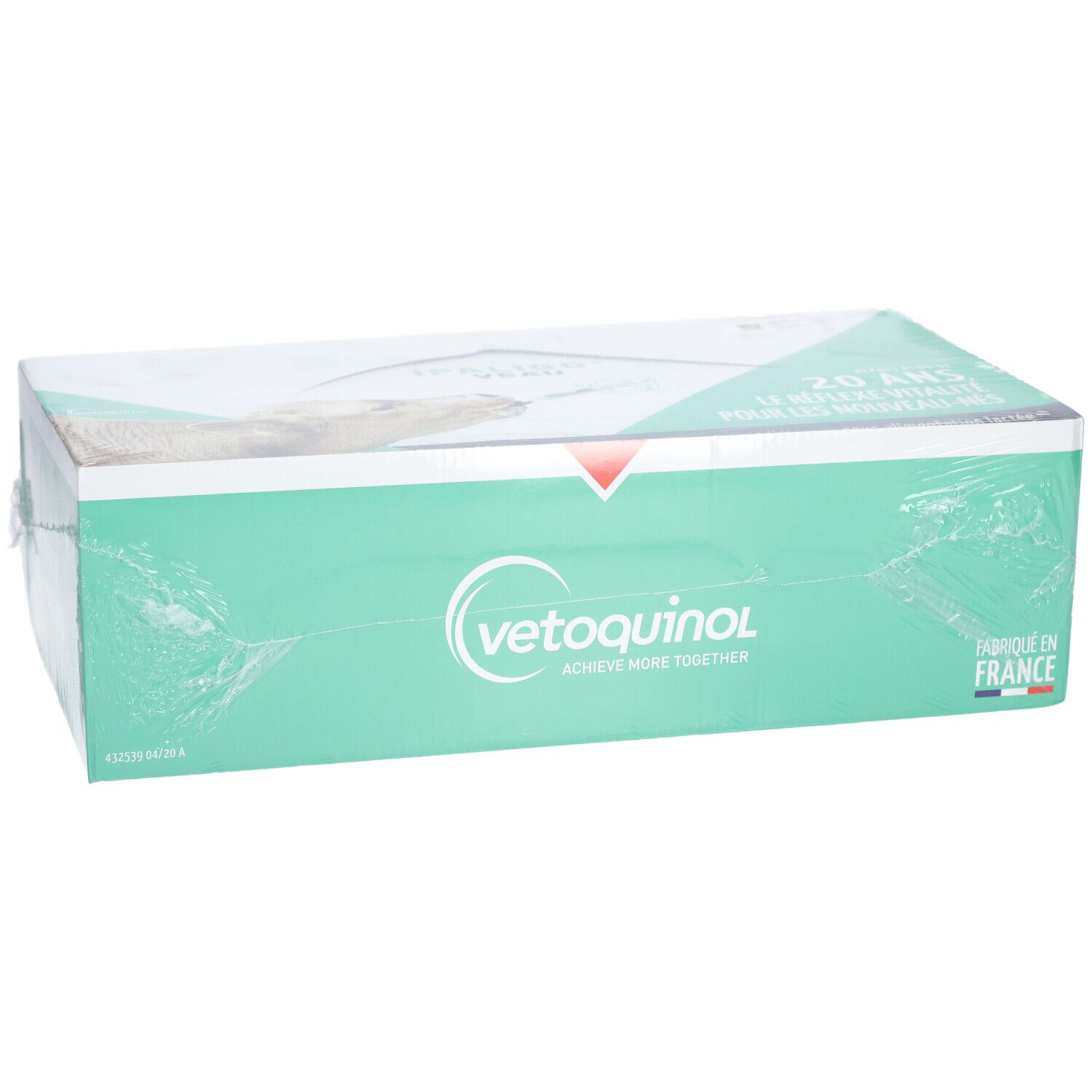 Verpackung mit Vetoquinol-Logo, Text: 20 ans, Le réflexe vitalité pour les nouveau-nés. Hergestellt in Frankreich.