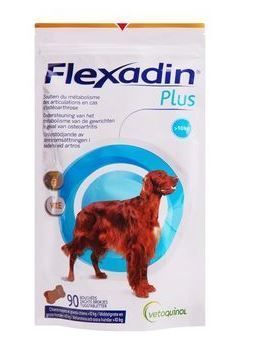 Sachet Flexadin Plus Maxi. Illustration d'un chien. 90 comprimés à mâcher. Logo Vetoquinol.
