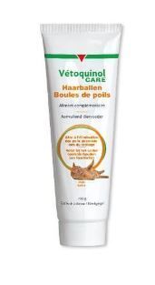 Tube Vétoquinol Care. Texte: Boules de poils, aliment complémentaire. Illustration d'un chat. Couleur: blanc, vert, orange.