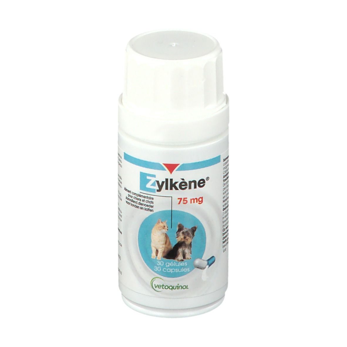 Zylkène 75 mg Kapseln-Dose. Weiße Flasche mit blauem Etikett. Enthält 30 Kapseln. Katzen- und Hundeabbildung.