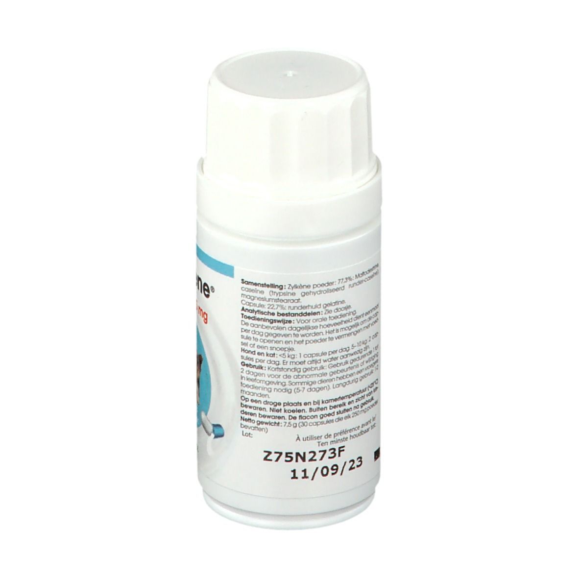 Zylkène 75 mg Flasche. Weiße Flasche mit Etikett. Textinformationen und Verfallsdatum. Rückansicht.