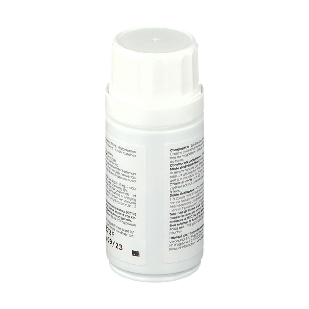 Zylkène 75 mg Flasche. Weiße Flasche mit Etikett. Textinformationen. Rückansicht.