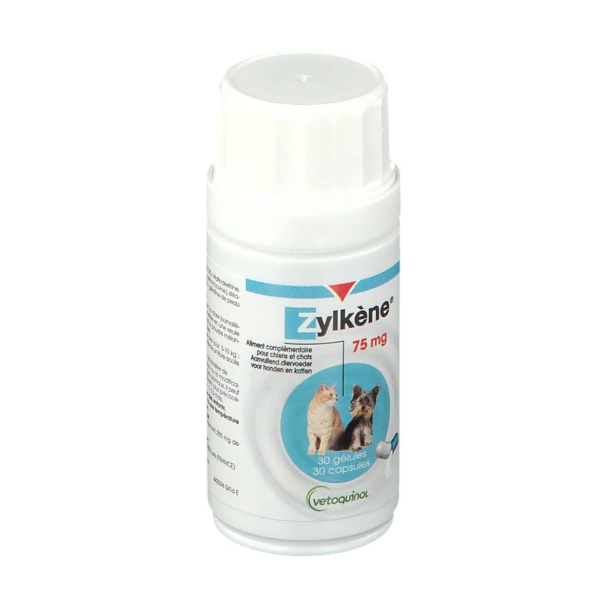 Zylkène 75 mg Flasche. Weiße Flasche mit blauem Etikett. Enthält 30 Kapseln. Katzen- und Hundeabbildung.