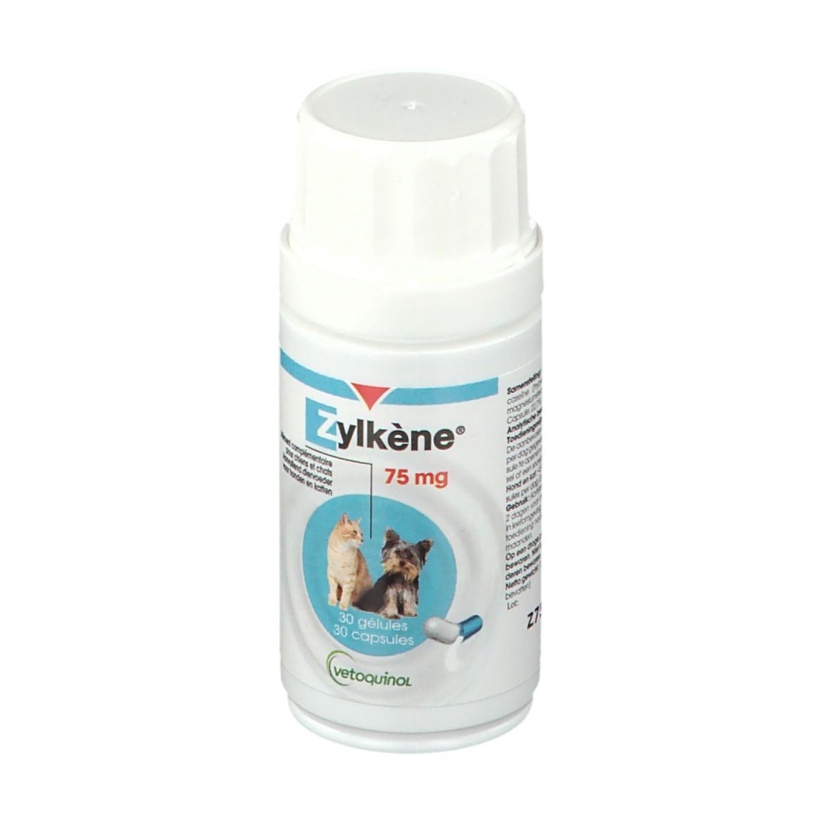 Zylkène 75 mg Kapseln-Dose. Weiße Flasche mit blauem Etikett. Enthält 30 Kapseln. Katzen- und Hundeabbildung.