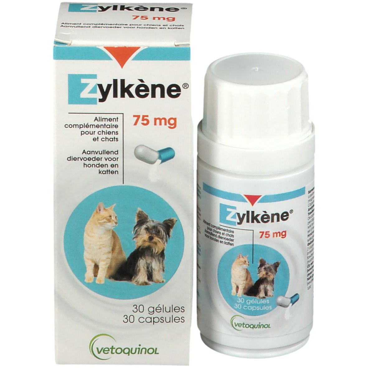 Zylkène 75 mg Packung und Flasche. Packung mit 30 Kapseln. Weiße Flasche mit blauem Etikett. Katzen- und Hundeabbildung.