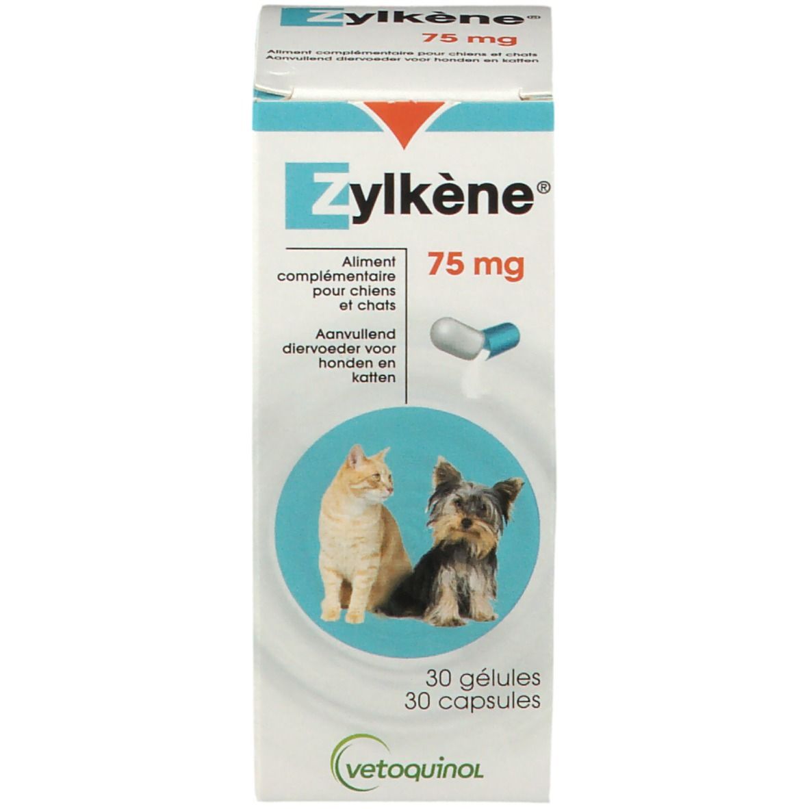 Zylkène 75 mg Packung. Packung mit 30 Kapseln. Katzen- und Hundeabbildung. Blaue und weiße Verpackung.