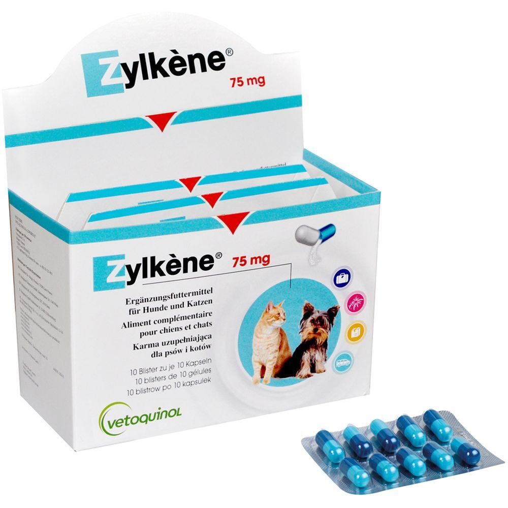 ZYLKENE® 75 mg. Boîte et plaquette de gélules. Inscription du nom du produit, dosage et illustrations d'animaux.