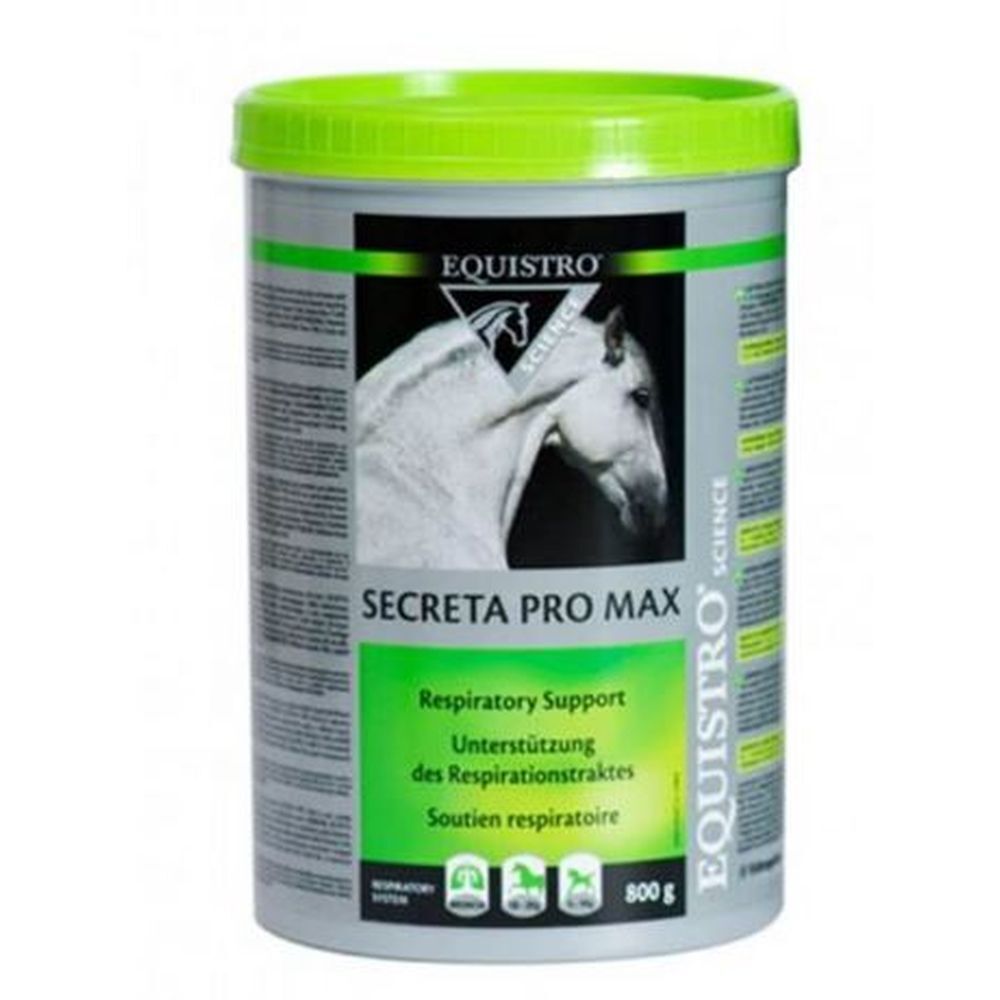 Boîte cylindrique à couvercle vert. Inscription EQUISTRO, SECRETA PRO MAX. Soutien respiratoire. 800g.