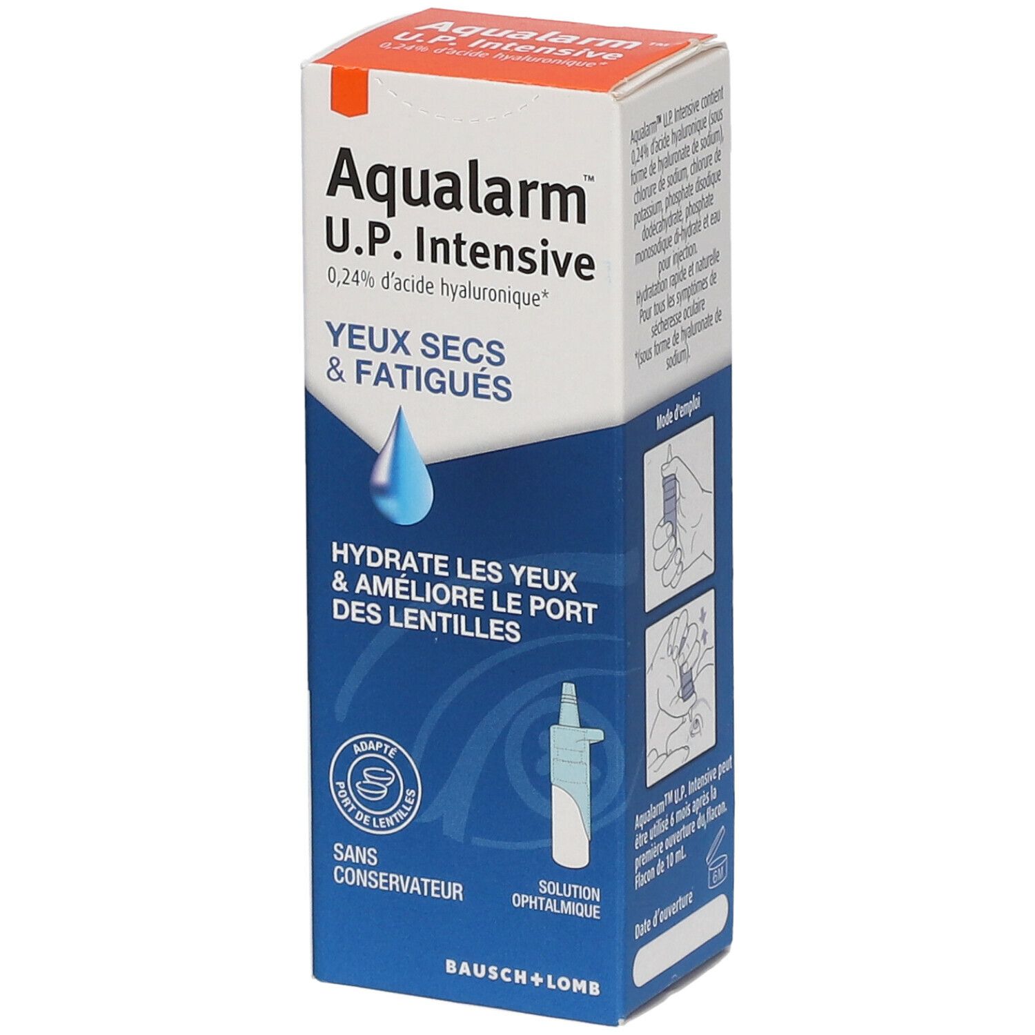 Boîte Aqualarm U.P. Intensive. Texte : Yeux secs & fatigués. Contient 0,24% acide hyaluronique. Illustration goutte bleue. Adapté aux lentilles.