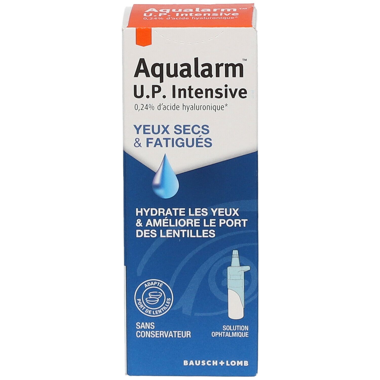 Boîte Aqualarm U.P. Intensive. Texte : Yeux secs & fatigués. Contient 0,24% acide hyaluronique. Illustration goutte bleue. Pour lentilles.