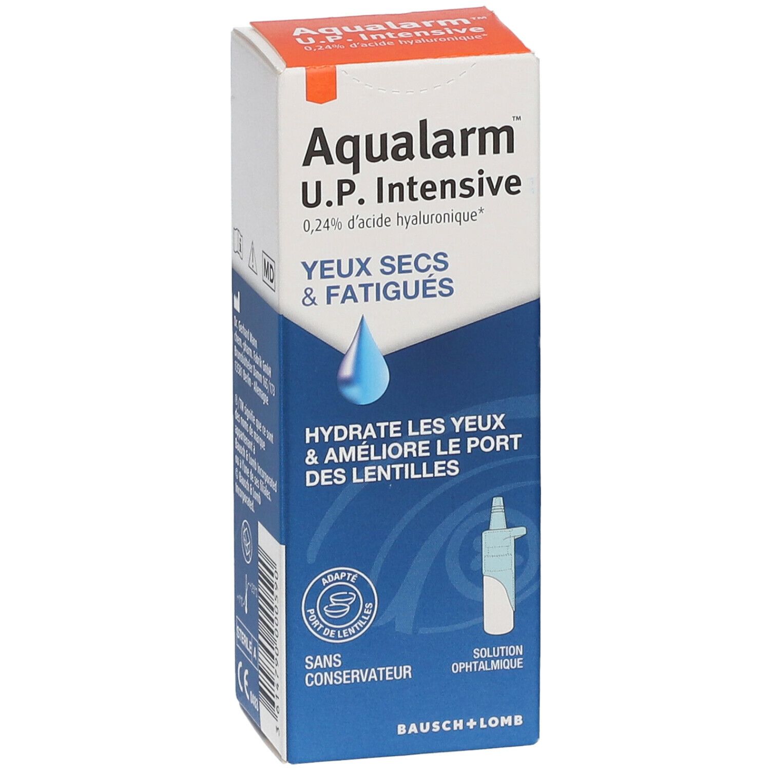 Boîte Aqualarm U.P. Intensive. Texte : Yeux secs & fatigués. Contient 0,24% acide hyaluronique. Illustration goutte bleue. Pour lentilles.