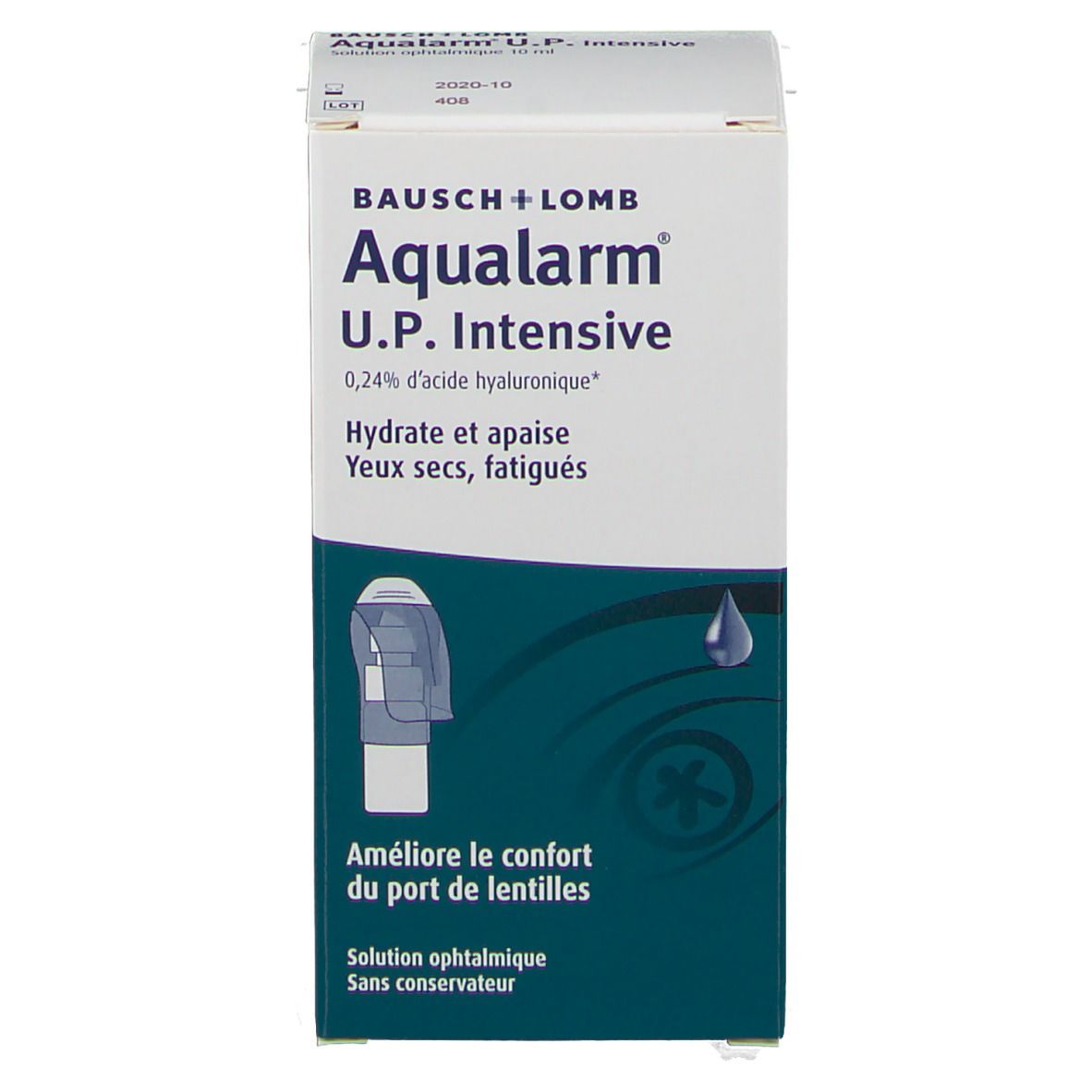 Boîte Aqualarm U.P. Intensive. Texte : Hydrate et apaise. Pour lentilles. Solution. Sans conservateur. Illustration goutte bleue.