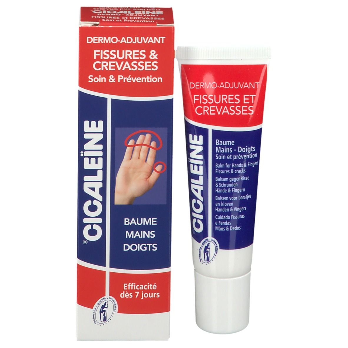 Produkt und Verpackung. Tube und Schachtel. Text: CICALEiNE, Baume Mains-Doigts, Fissures & Crevasses.