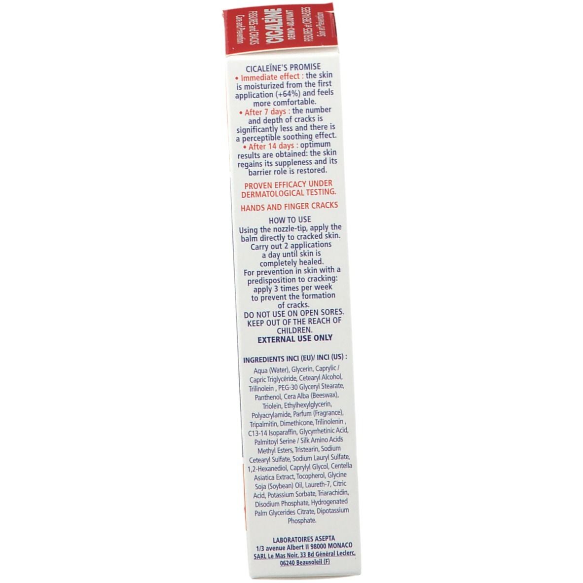 Schachtel. Text: CICALEiNE's Versprechen, Anwendungshinweise, Inhaltsstoffe, Laboratoires Asepta.