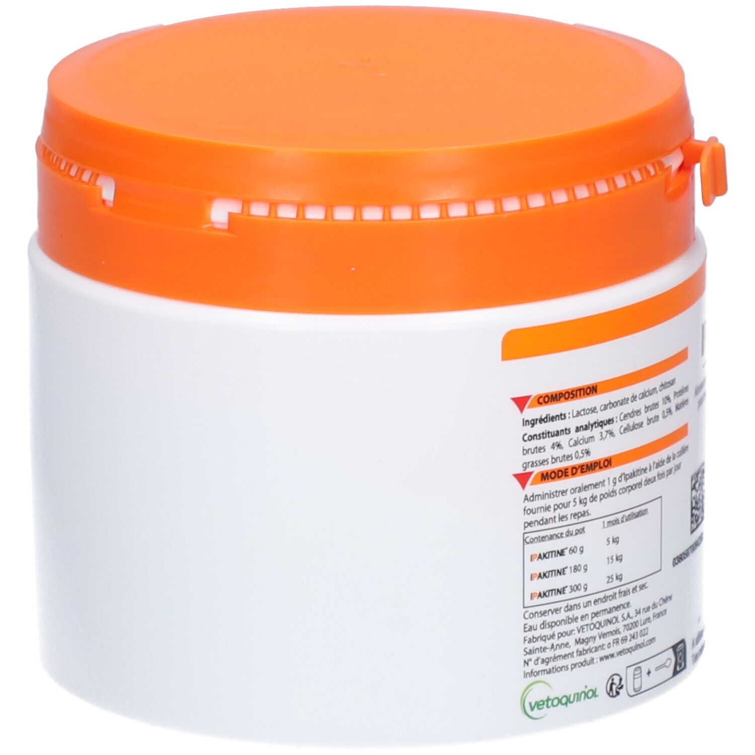 Pot blanc avec couvercle orange. Informations et code QR sur le côté.