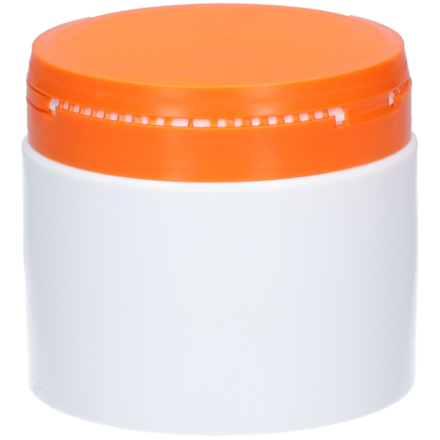 Pot blanc avec couvercle orange. Le couvercle est fermé.