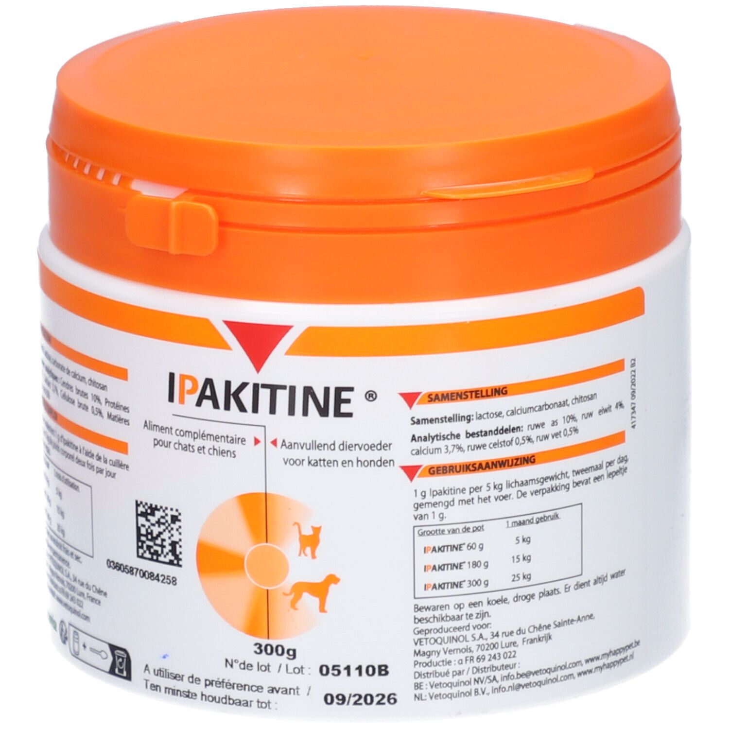 Pot blanc avec couvercle orange. Inscription Ipakitine®. Contient un aliment complémentaire pour chats et chiens. 300g.