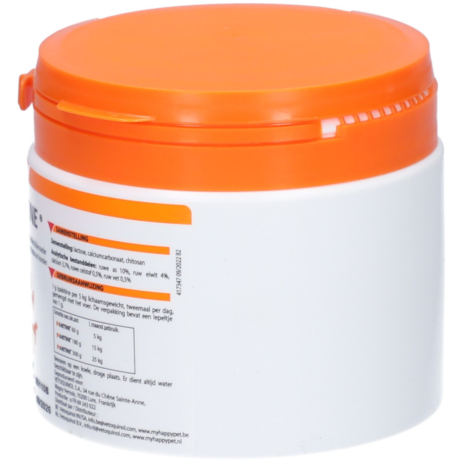 Pot blanc avec couvercle orange. Informations sur le côté.