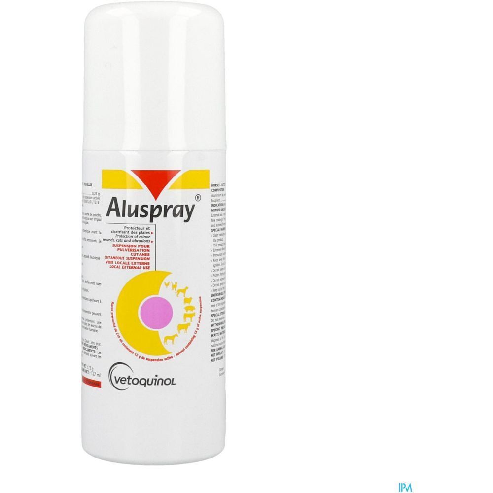 Aérosol blanc avec texte Aluspray. Logo jaune et rouge, cercle rose. Logo Vetoquinol.