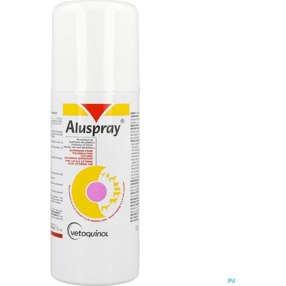 Aérosol blanc avec texte Aluspray. Logo jaune et rouge, cercle rose. Logo Vetoquinol.
