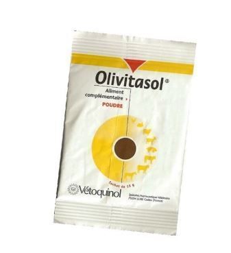 Sachet Olivitasol®. Blanc, avec accents jaunes et rouges. Nom du produit et logo visibles. Texte: 'Aliment complémentaire + Poudre'.