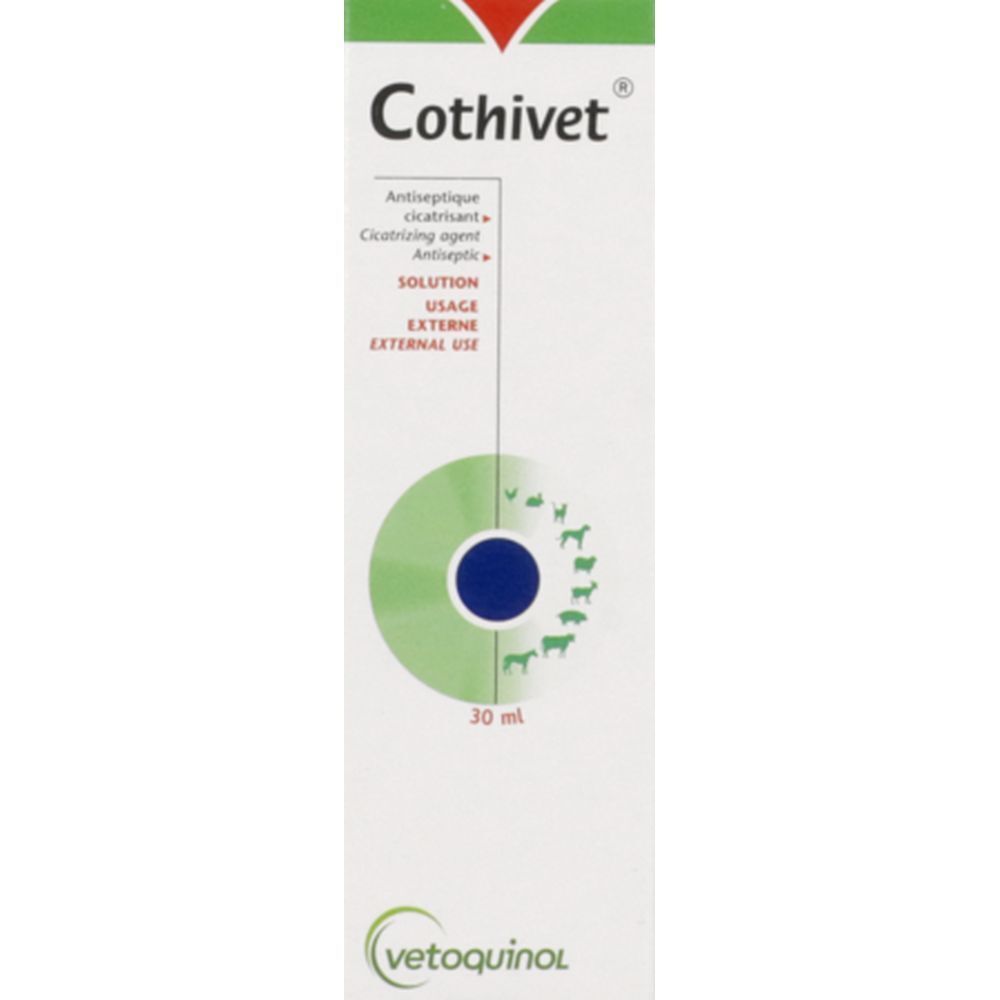 Emballage blanc avec éléments verts et bleus. Inscription Cothivet. 30 ml.