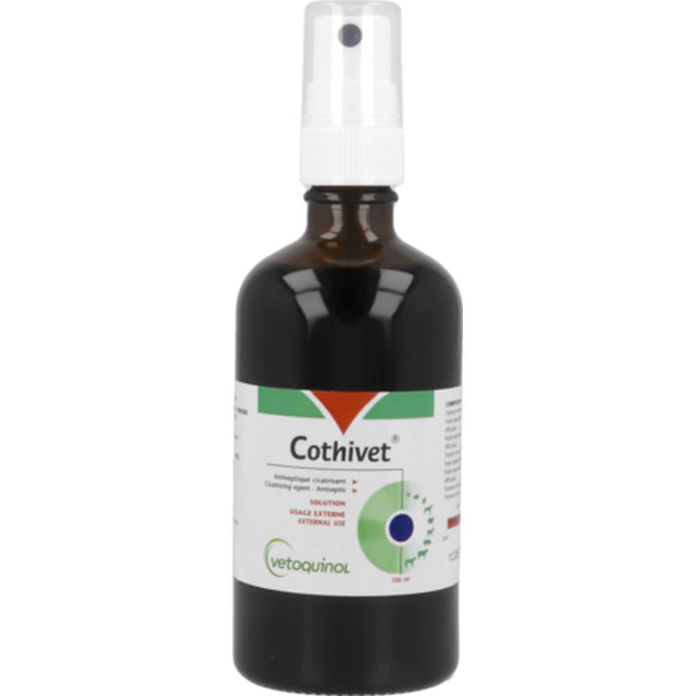 Flacon en verre brun avec pulvérisateur. Inscription Cothivet. 100 ml.