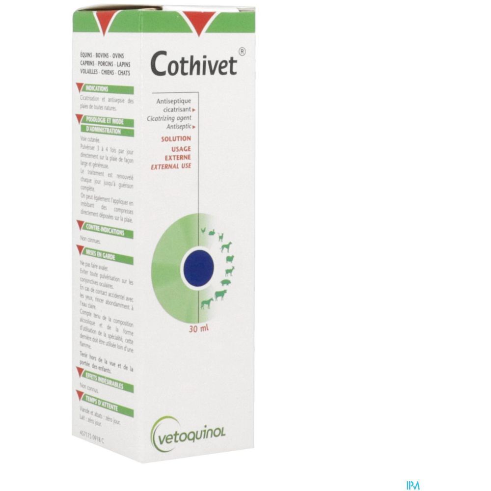 Emballage blanc avec éléments verts et bleus. Inscription Cothivet. 30 ml.