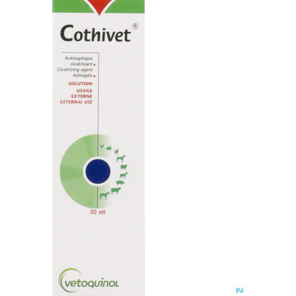 Emballage blanc avec éléments verts et bleus. Inscription Cothivet. 30 ml.