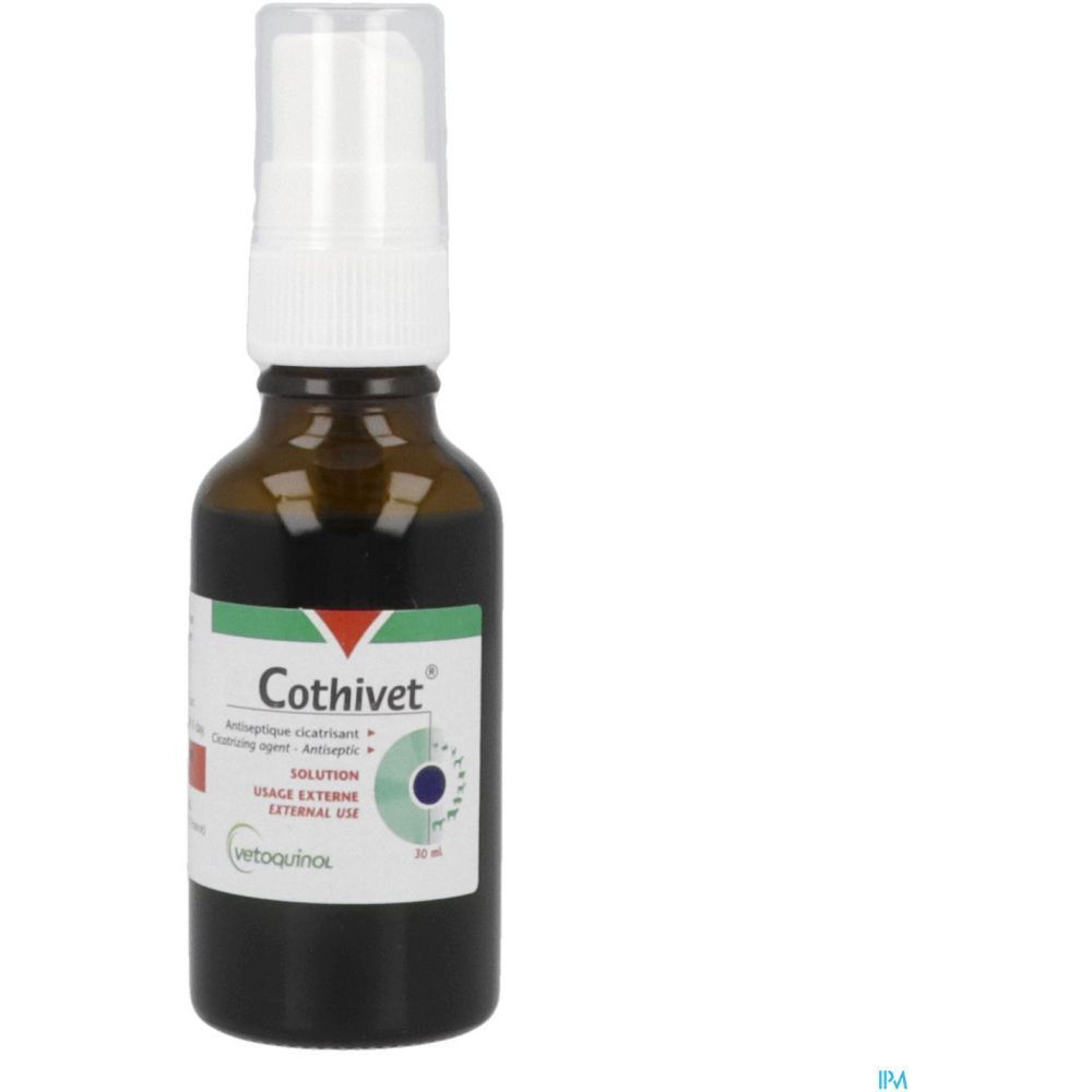 Flacon en verre brun avec pulvérisateur. Inscription Cothivet. 30 ml.