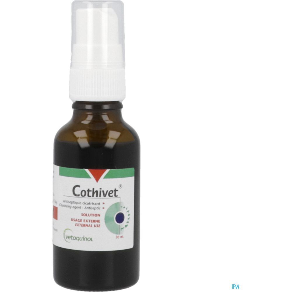 Flacon en verre brun avec pulvérisateur. Inscription Cothivet. 30 ml.