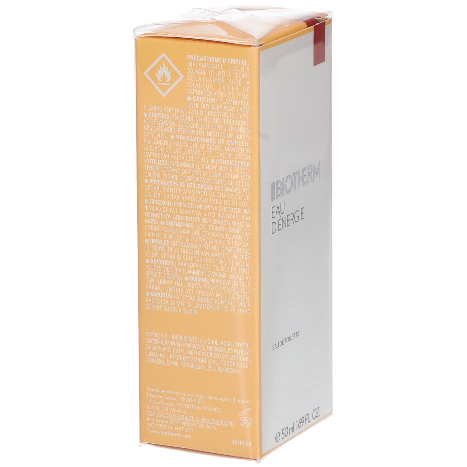 Achterkant van de BIOTHERM Eau d'Energie verpakking. Waarschuwingen en productinformatie in verschillende talen.