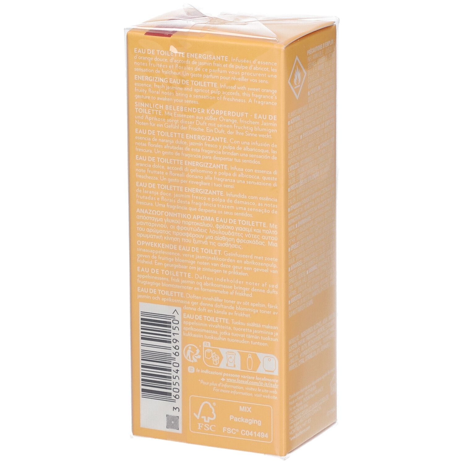 Zijkant van de BIOTHERM Eau d'Energie verpakking. Barcode, productinformatie en recyclingsymbolen.