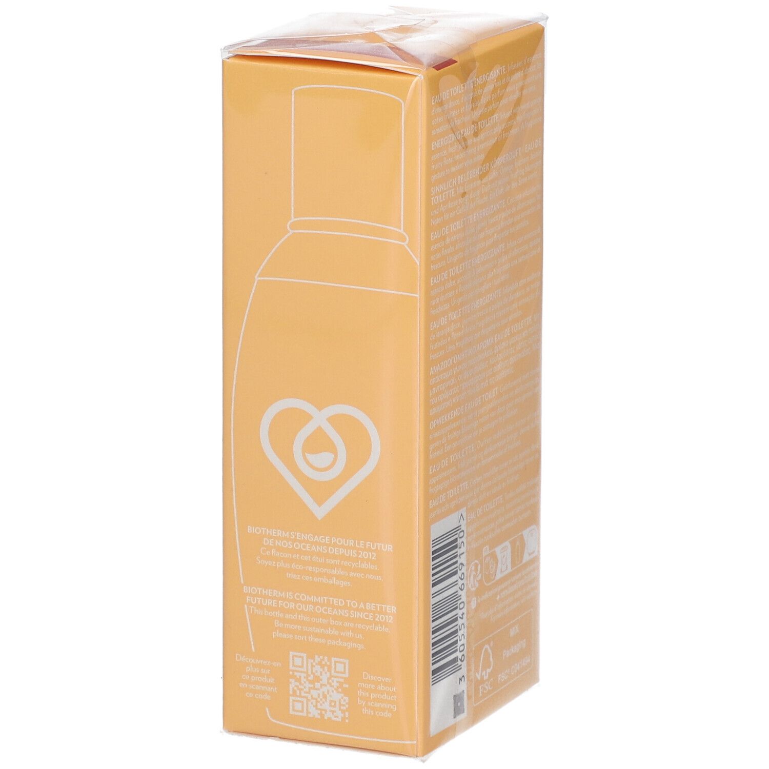 Zijkant van de BIOTHERM Eau d'Energie verpakking. Illustratie van een fles en productinformatie.