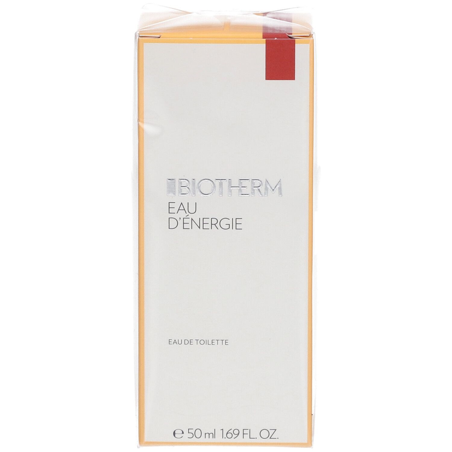 Voorkant van de BIOTHERM Eau d'Energie verpakking. Logo, productnaam en 'Eau de Toilette'.