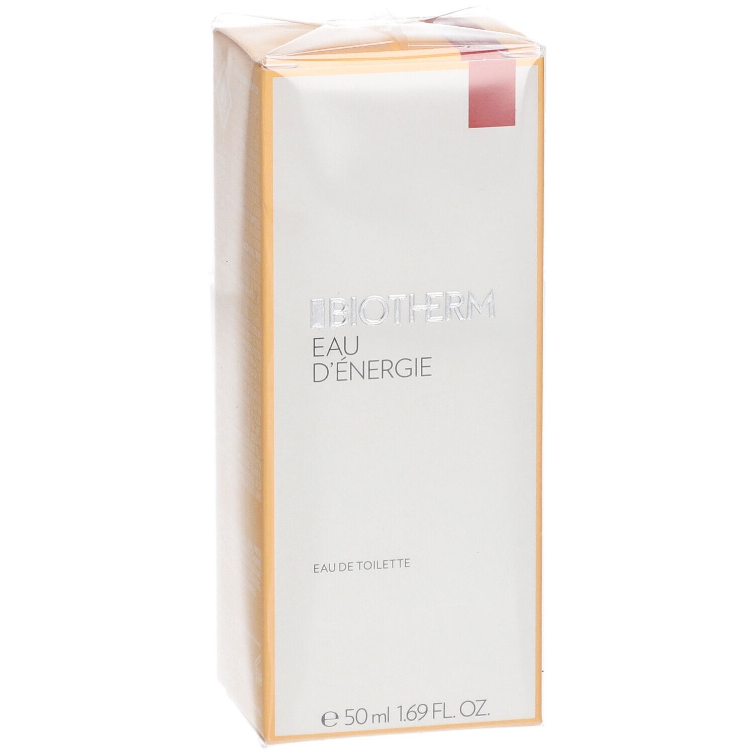 Vooraanzicht van de BIOTHERM Eau d'Energie verpakking. Logo, productnaam en 'Eau de Toilette'.