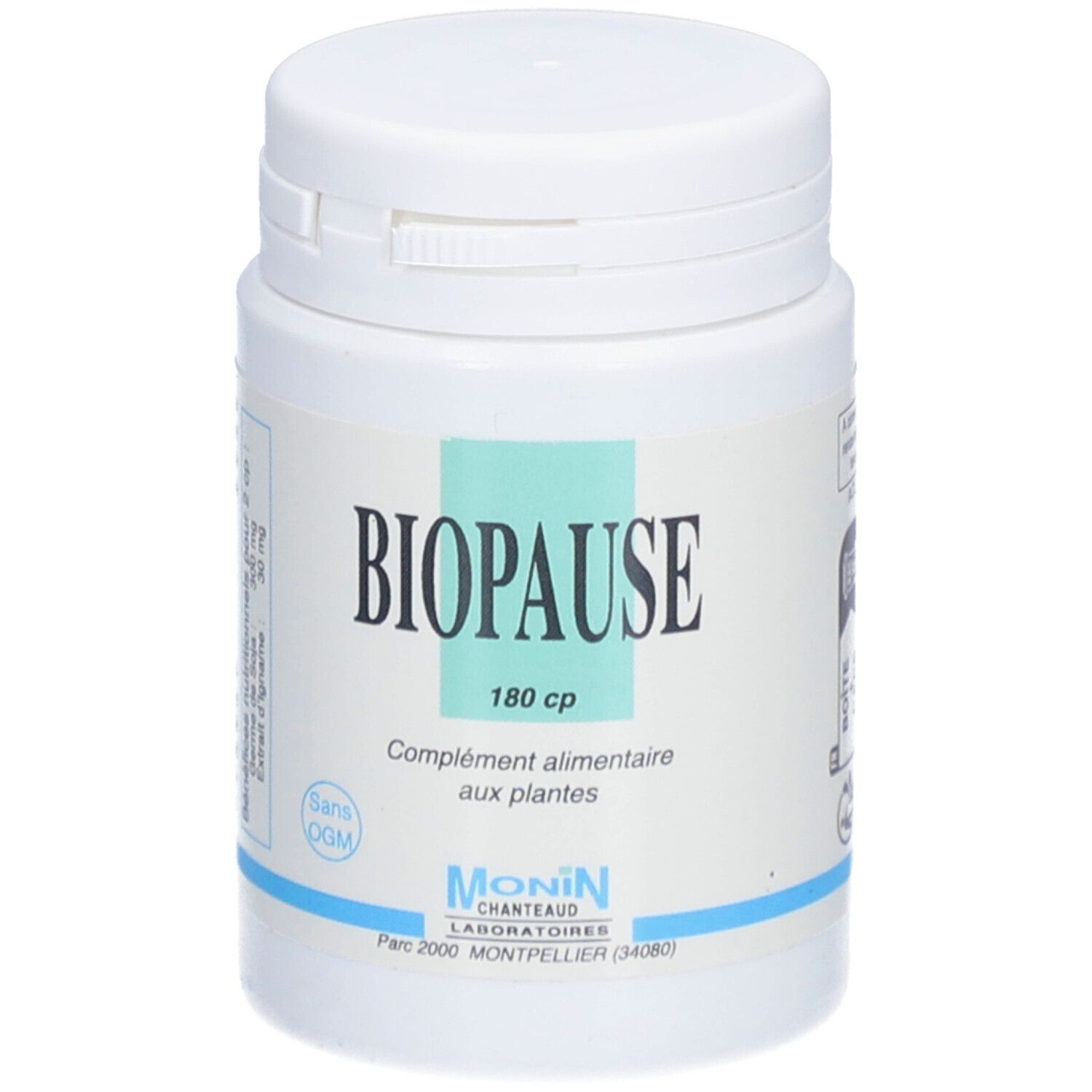 Flacon blanc avec inscription BIOPAUSE, 180 cp. Complément alimentaire aux plantes. Marque MONIN CHANTEAUD.