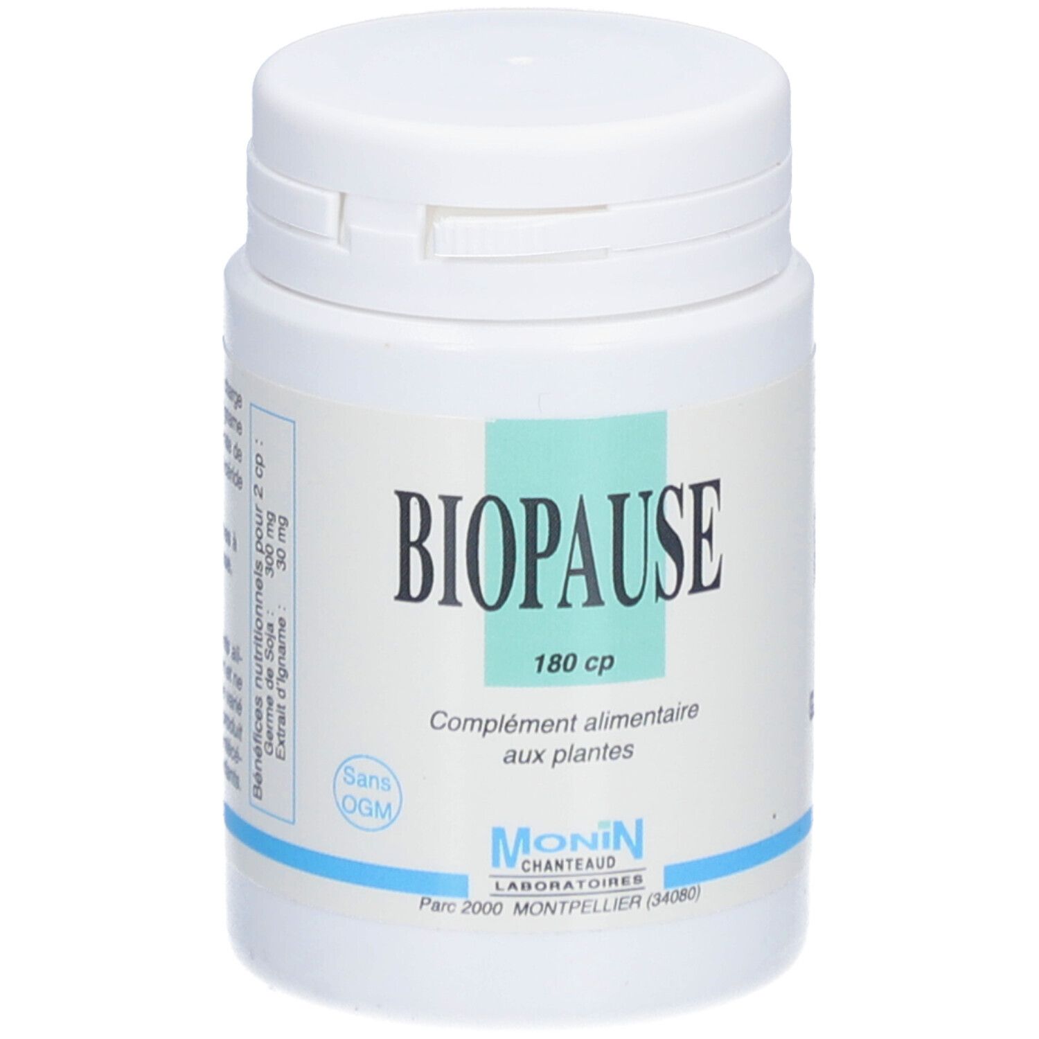 Flacon blanc avec inscription BIOPAUSE, 180 cp. Complément alimentaire aux plantes. Marque MONIN CHANTEAUD.