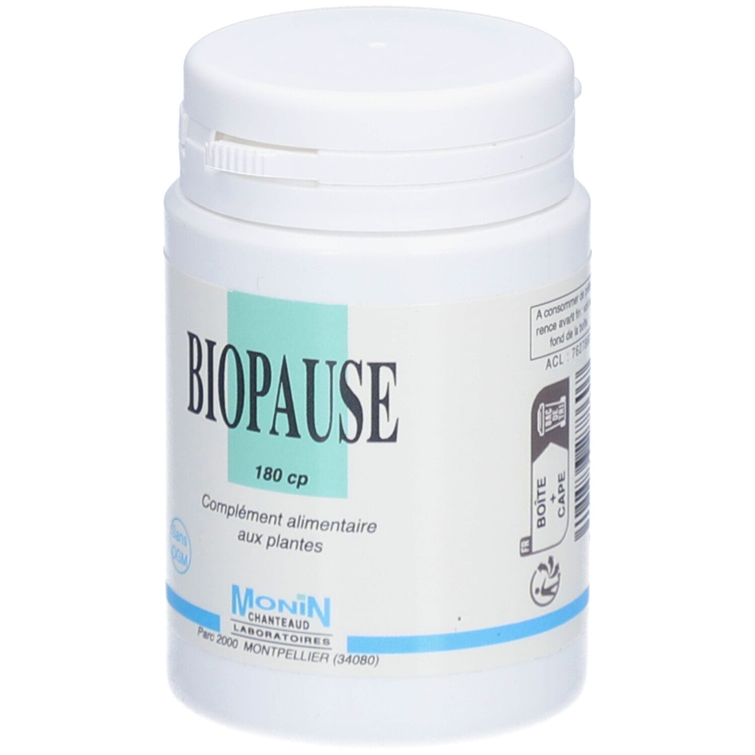 Flacon blanc avec inscription BIOPAUSE, 180 cp. Complément alimentaire aux plantes. Marque MONIN CHANTEAUD.