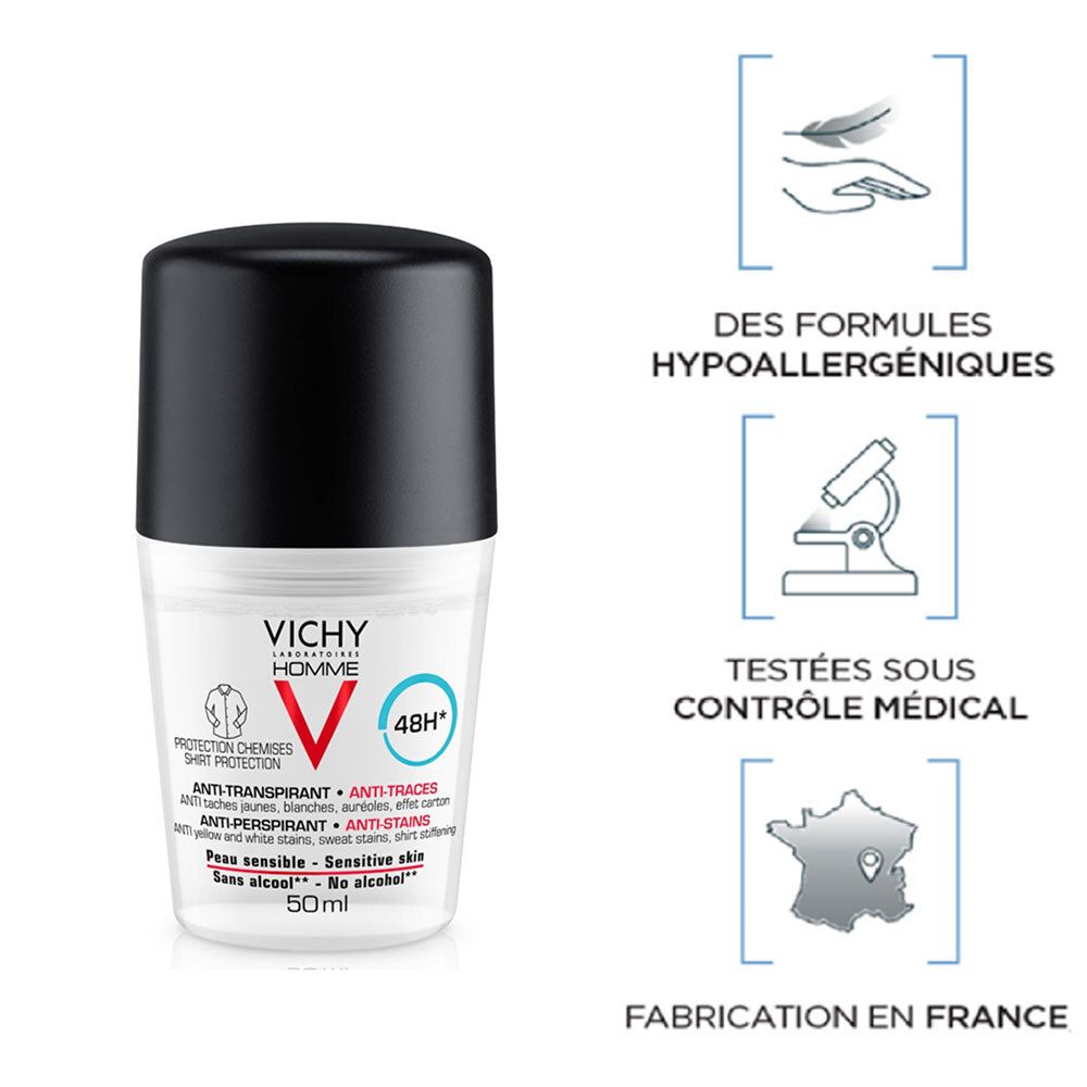Déodorant roll-on. Marque : VICHY HOMME. Nom du produit : DÉODORANT Anti-transpirant. Hypoallergénique. Testé sous contrôle médical. Fabriqué en France.