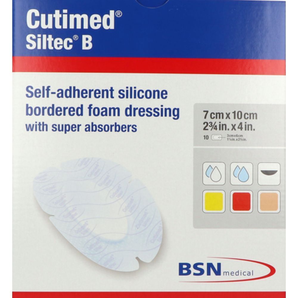 Emballage Cutimed Siltec B. Pansement en mousse de silicone auto-adhésif avec super absorbants. Dimensions : 7 cm x 10 cm.