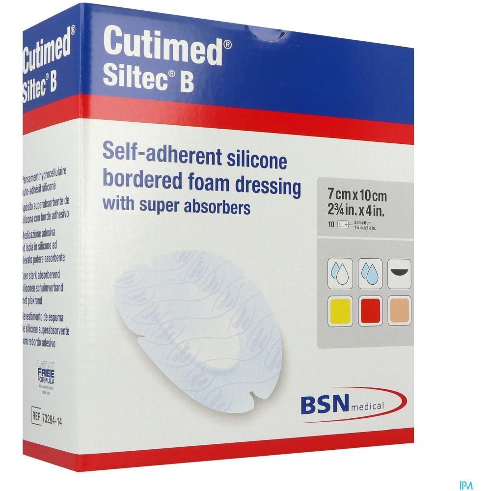 Emballage Cutimed Siltec B. Pansement en mousse de silicone auto-adhésif avec super absorbants. Dimensions : 7 cm x 10 cm. Logo BSN medical.