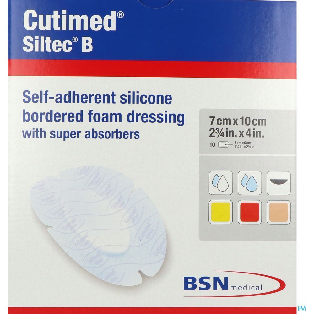 Emballage Cutimed Siltec B. Pansement en mousse de silicone auto-adhésif avec super absorbants. Dimensions : 7 cm x 10 cm. Logo BSN medical.