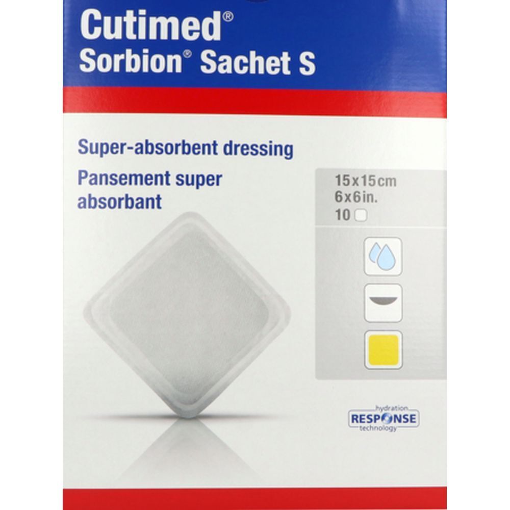 Pansement absorbant, 15x15cm, avec nom de marque et produit. Super absorbant. Emballage avec informations produit.