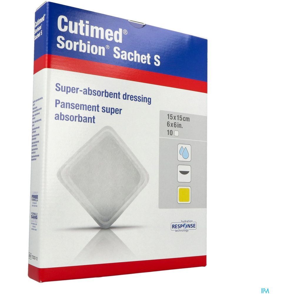 Emballage de Cutimed Sorbion Sachet S. Pansement super absorbant. Taille 15x15cm. Informations et logo.